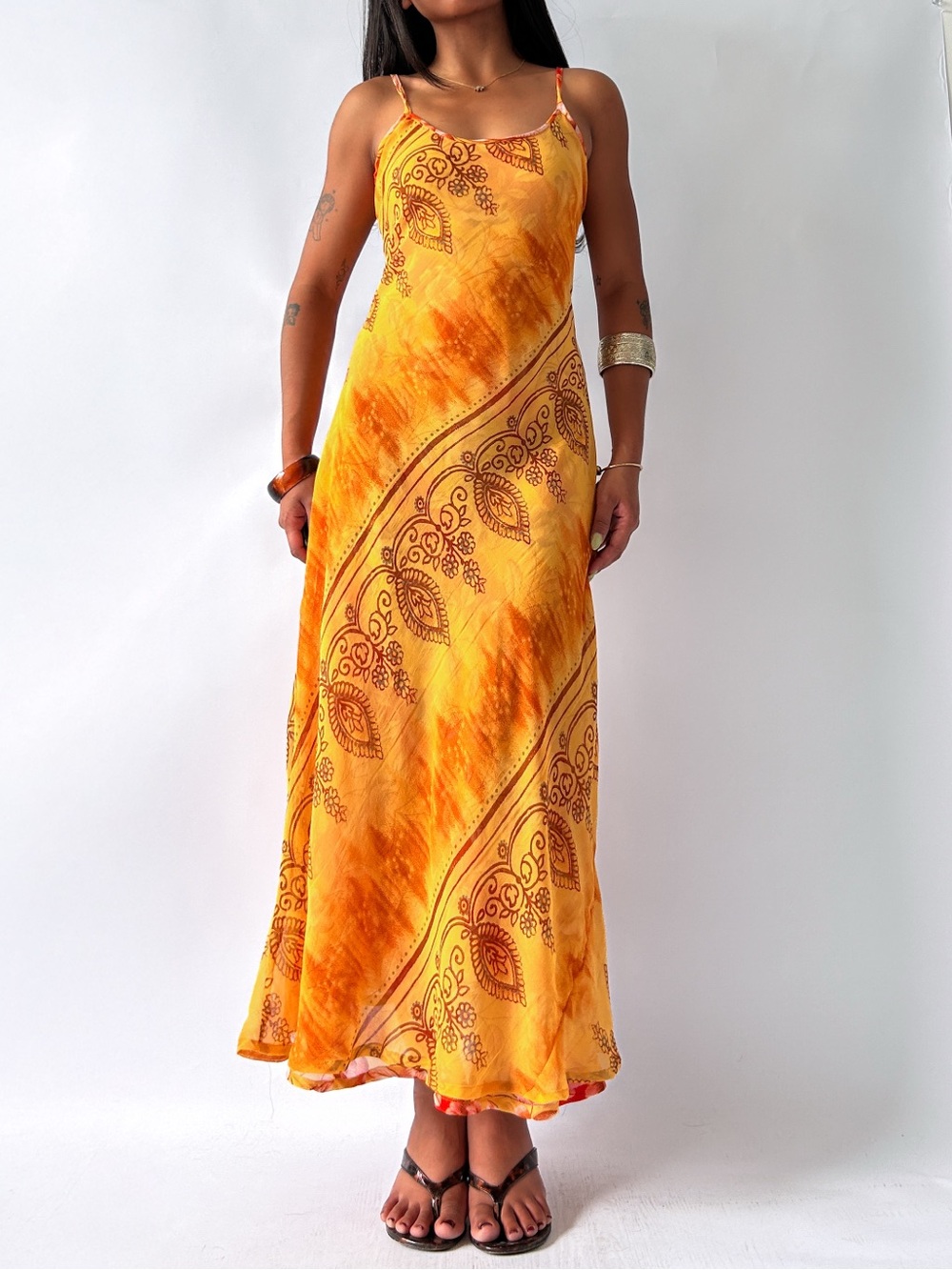 Sunset/Paisley 100% Rayon Reversible Maxi Summer Dress - Yellow Orange